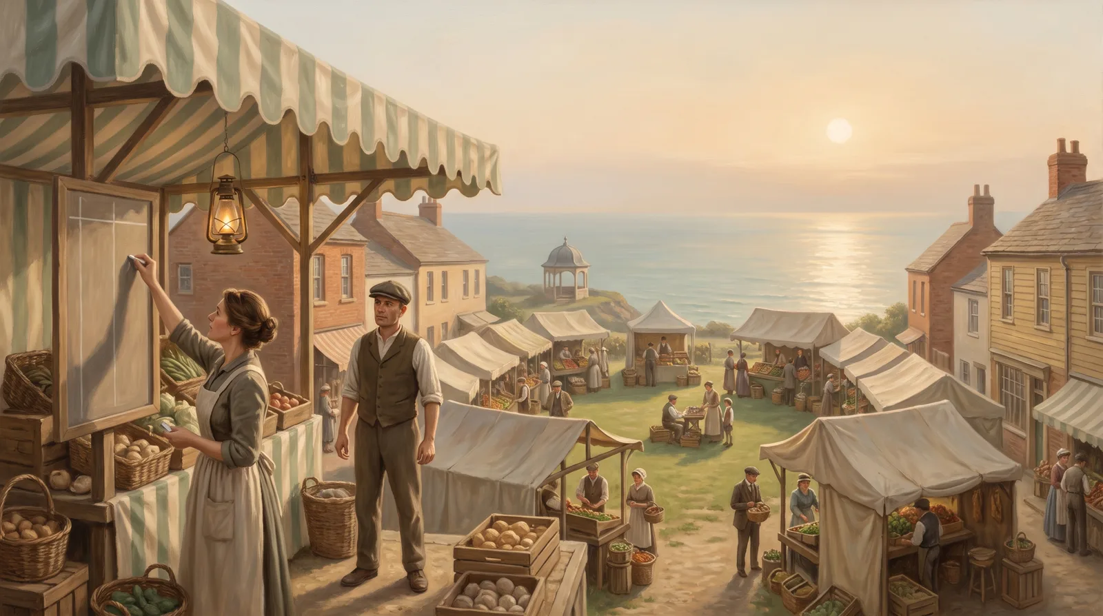 Oil painting of a market stall where a seller marks her own goods onto the tally board while the keeper stands hands free