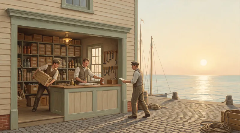 Oil painting of a busy harbour storefront where crates move quickly while a merchant checks each seal against a ledger