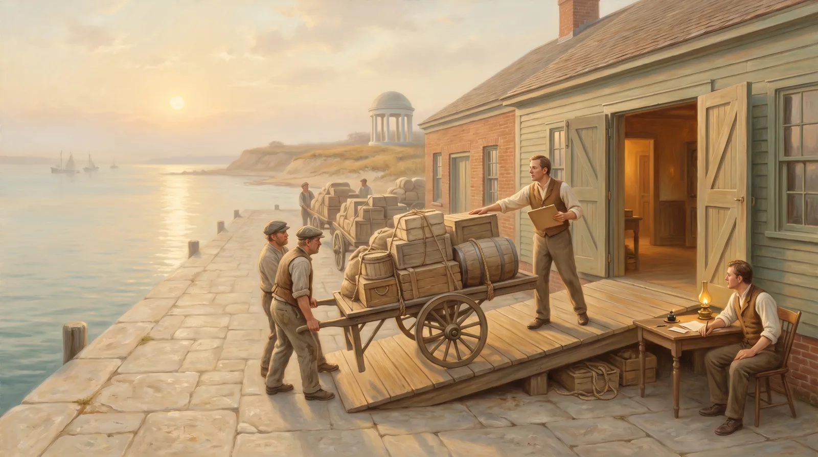Oil painting of a checked handcart held on a customs-house ramp while a clerk watches an empty quay for someone absent