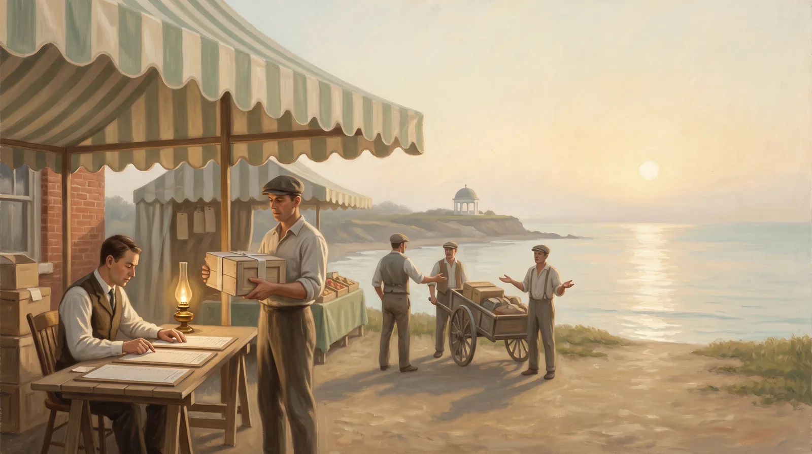 Oil painting of a market green where a sealed crate is held ready while a clerk works down three separate tally boards