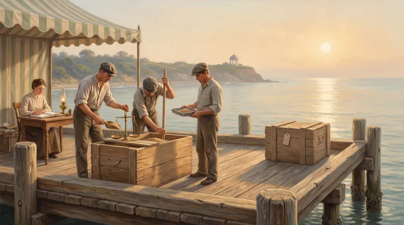 Oil painting of one open crate checked three ways at once while a clerk records each result rather than taking one