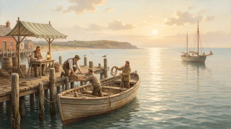 Oil painting of a harbour where the first boat is alongside unloading while an identical second is still out in the sun path