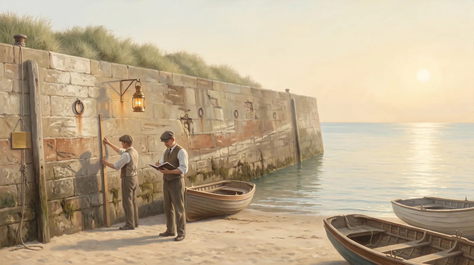 Oil painting of a harbour master reading a year of tide marks banded down a stone sea wall at low tide