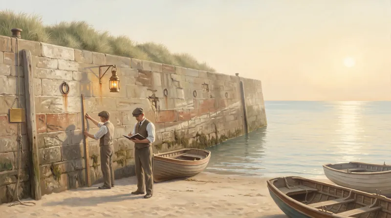 Oil painting of a harbour master reading a year of tide marks banded down a stone sea wall at low tide