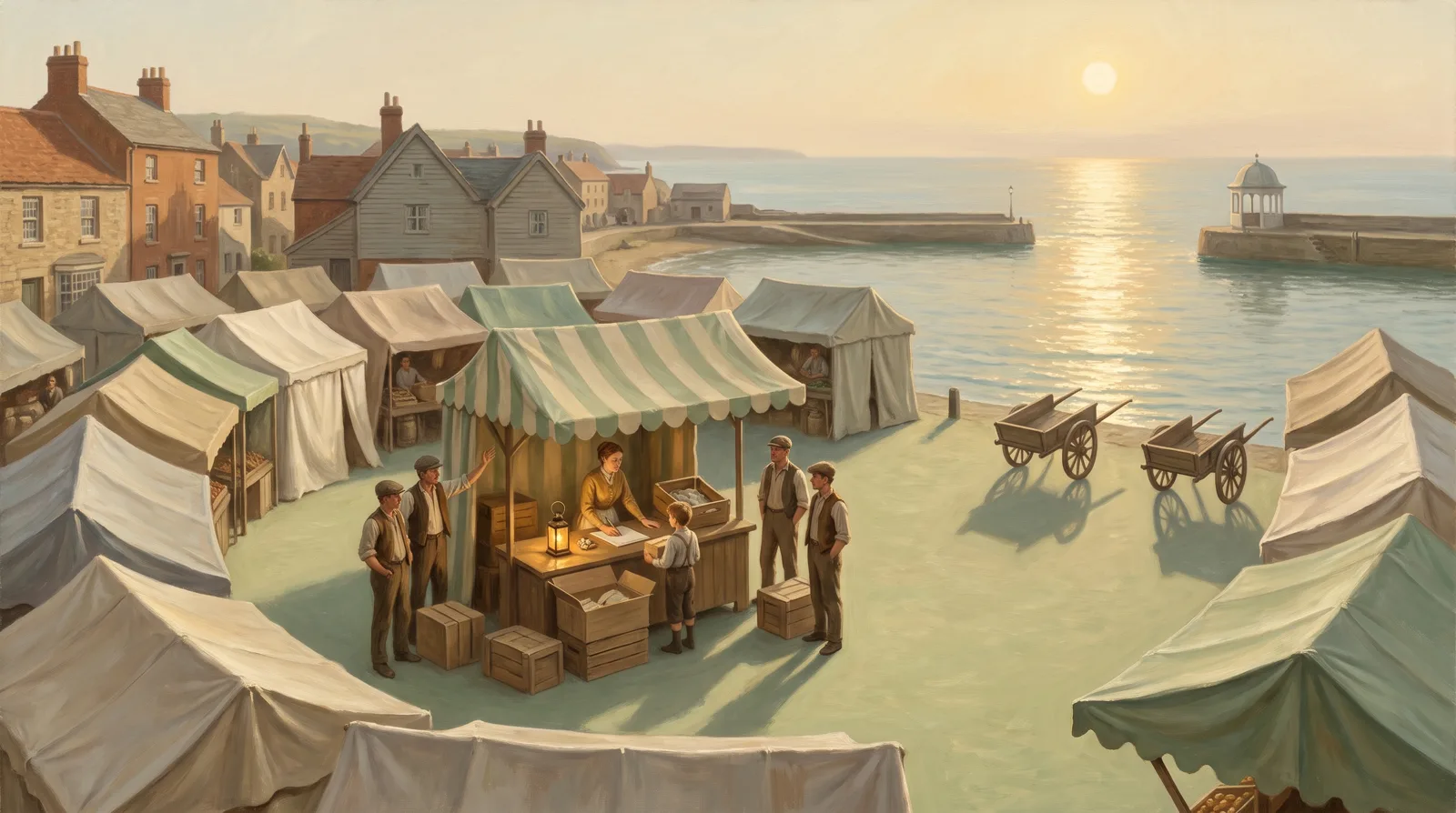 Oil painting of a tallying clerk turned from a crate by a new parcel while four porters wait beside unopened crates