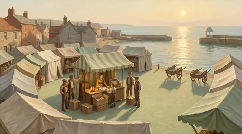 Oil painting of a tallying clerk turned from a crate by a new parcel while four porters wait beside unopened crates