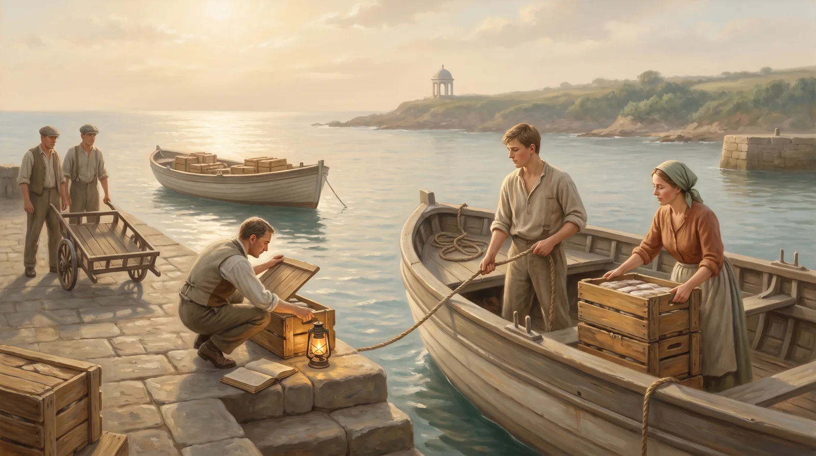 Oil painting of a clerk setting aside an empty ledger to open the first crate off an arriving boat and read it directly
