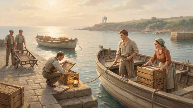 Oil painting of a clerk setting aside an empty ledger to open the first crate off an arriving boat and read it directly