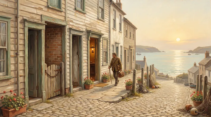 Oil painting of a village lane of false and blocked doorways with one genuine open door lit warm at the end of a swept path