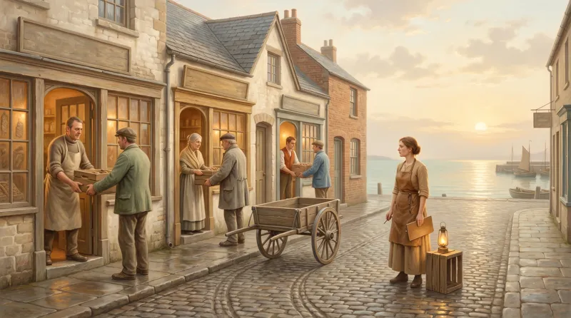 Oil painting of a lit shopfront row where a clerk stops counting to follow one handcart's ruts from door to door