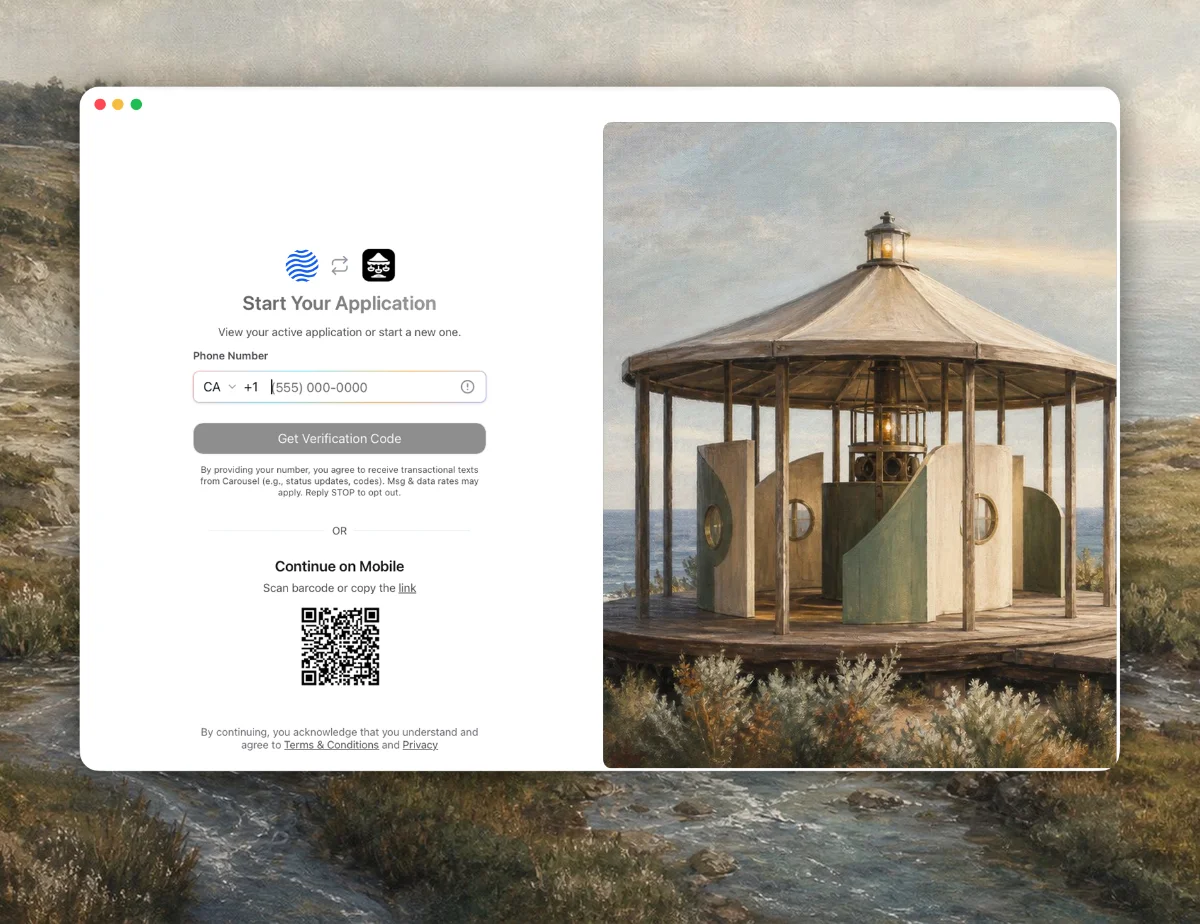 Carousel dashboard: share an application flow by link, embed, SMS, or email
