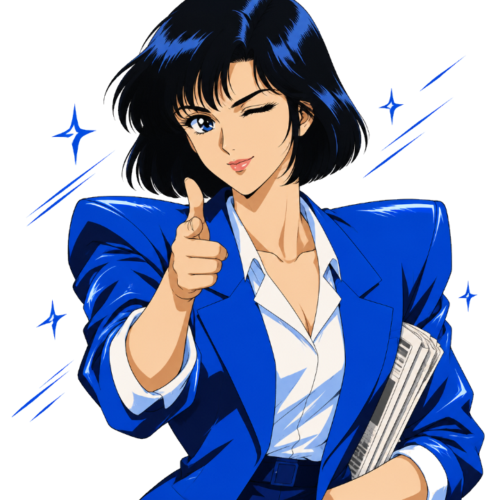 Anime-style woman in a blue suit winking and pointing, holding a newspaper