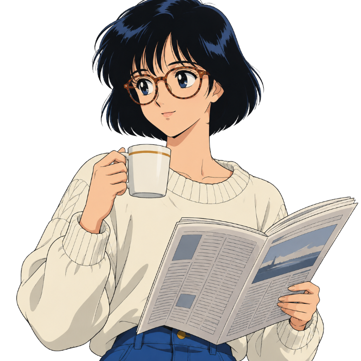 Femme de style anime à lunettes qui lit un magazine avec une tasse de café