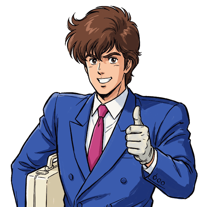 Homme d’affaires de style anime en complet bleu, pouce levé, mallette à la main