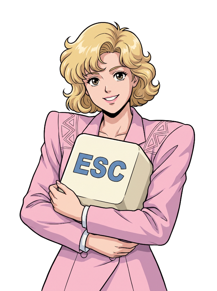 Femme de style anime en tailleur rose qui serre une énorme touche Échap