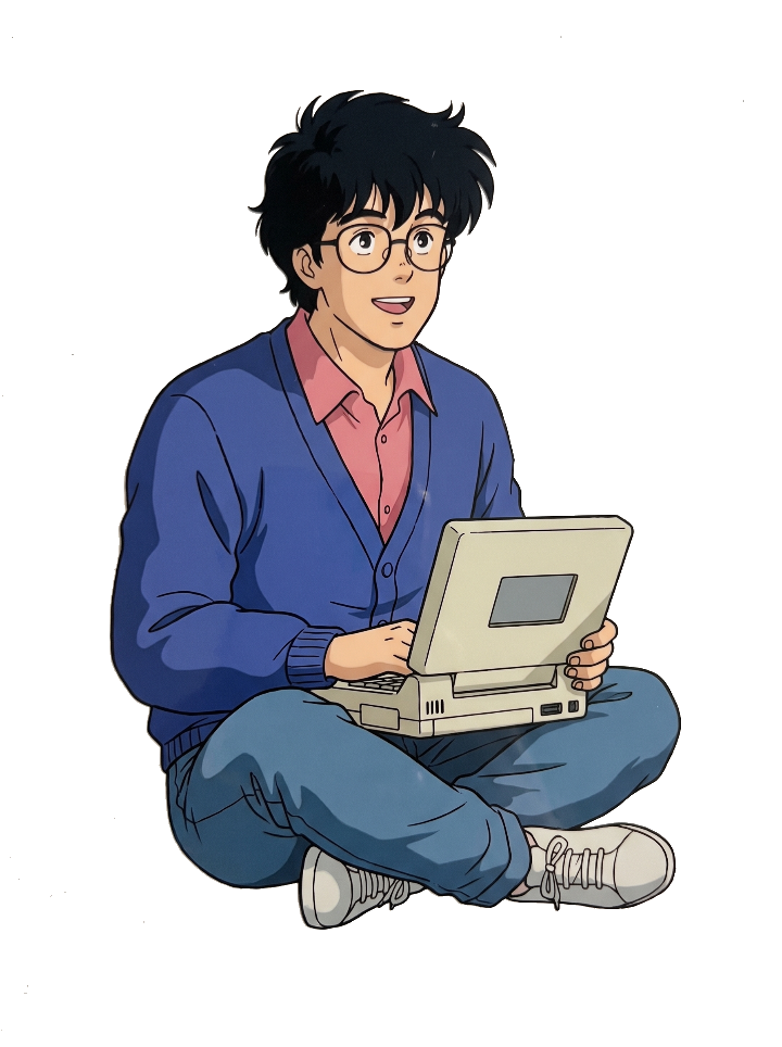 Homme de style anime à lunettes assis en tailleur avec un ordinateur portable