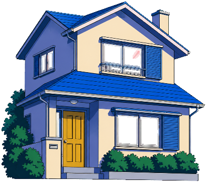 Illustrated two-storey house with a blue roof