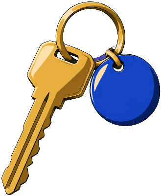 Illustrated gold key on a blue key tag