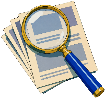 Illustrated magnifying glass over a stack of documents