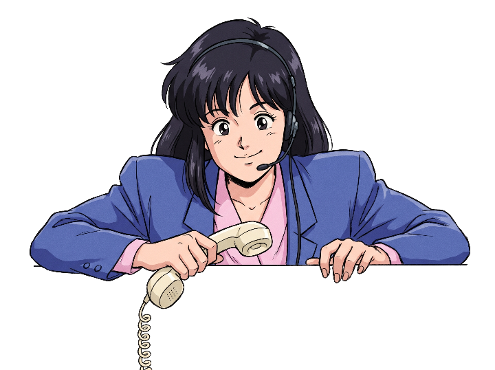 Anime-style woman in a blue suit leaning over a counter, holding a phone receiver