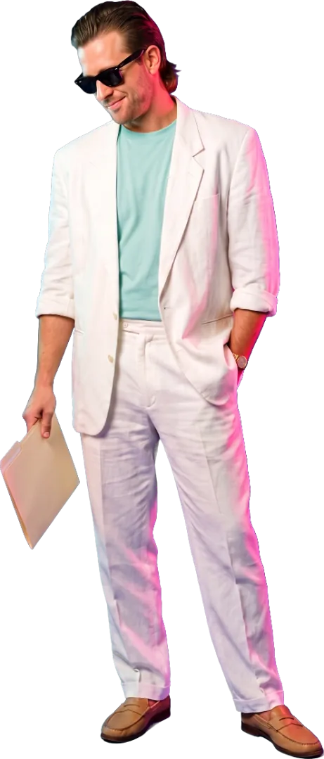 A man in sunglasses and a white suit holding a folder
