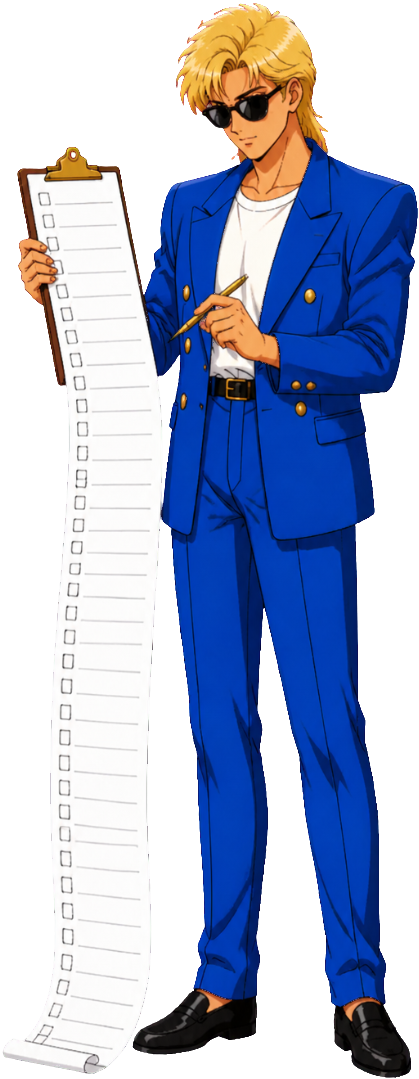 A man in sunglasses and a blue suit holding a long printed checklist