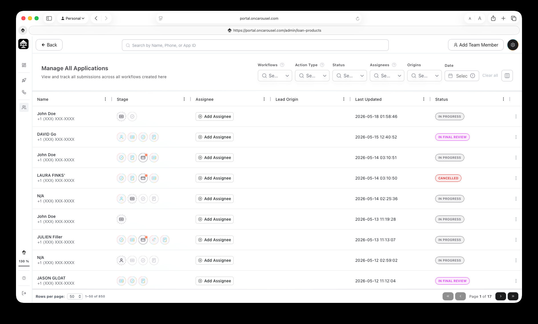The Carousel Portal — workflows, applications, and settings in one workspace.
