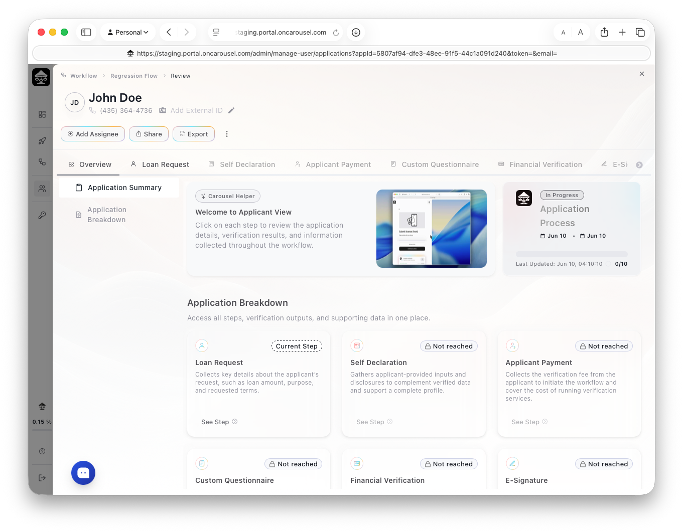 A submission in review — every step, verification output, and document in one place.