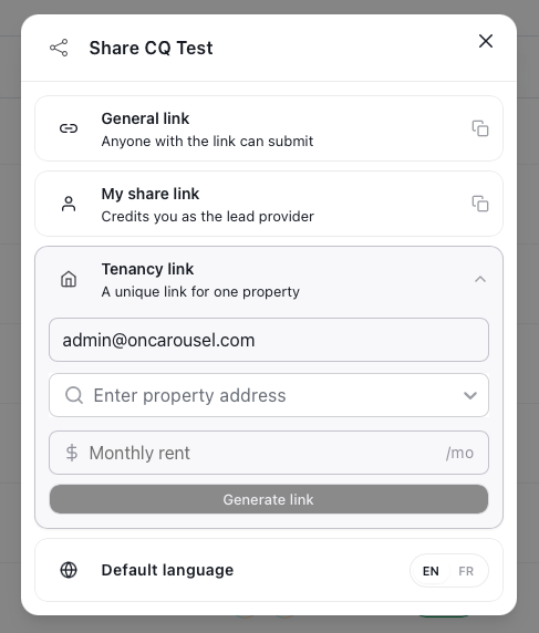 Share dialog — General link, My share link, Tenancy link, default language
