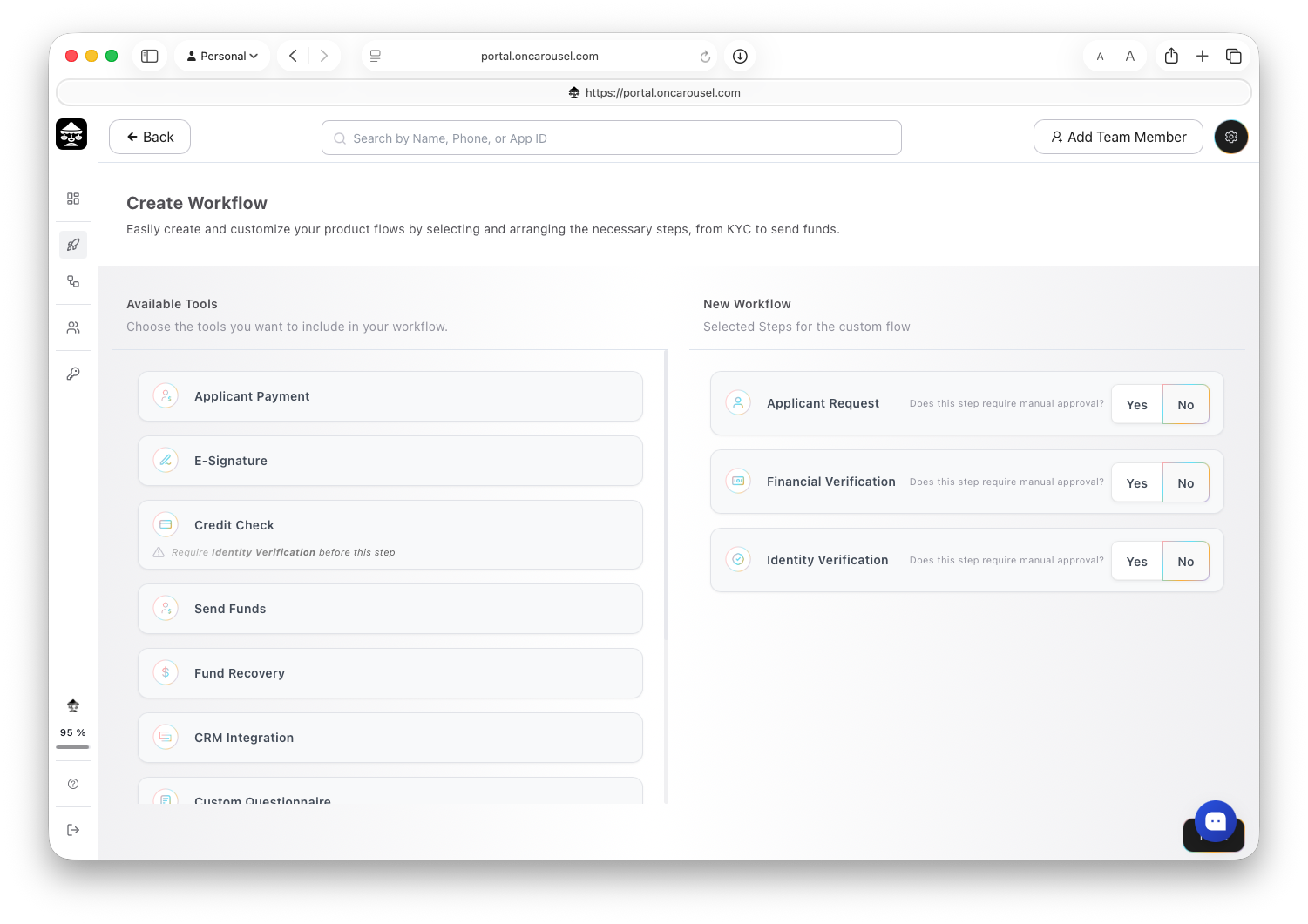 The drag-and-drop workflow builder — Available Tools on the left, your flow on the right.