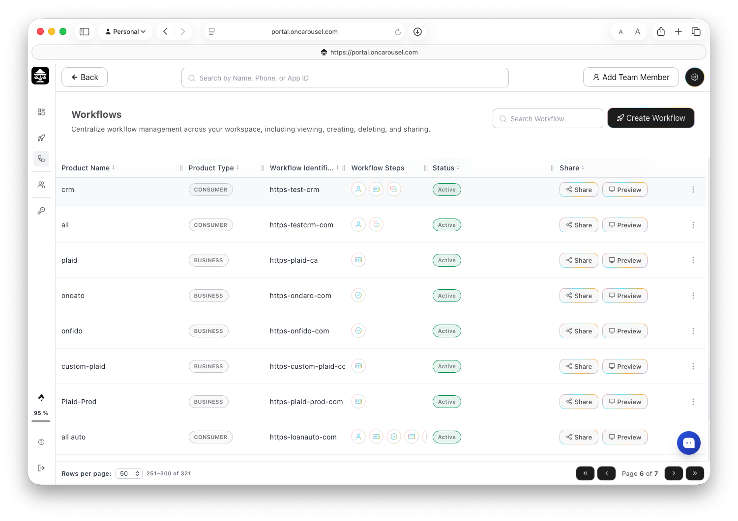 Workflows list with share and preview actions